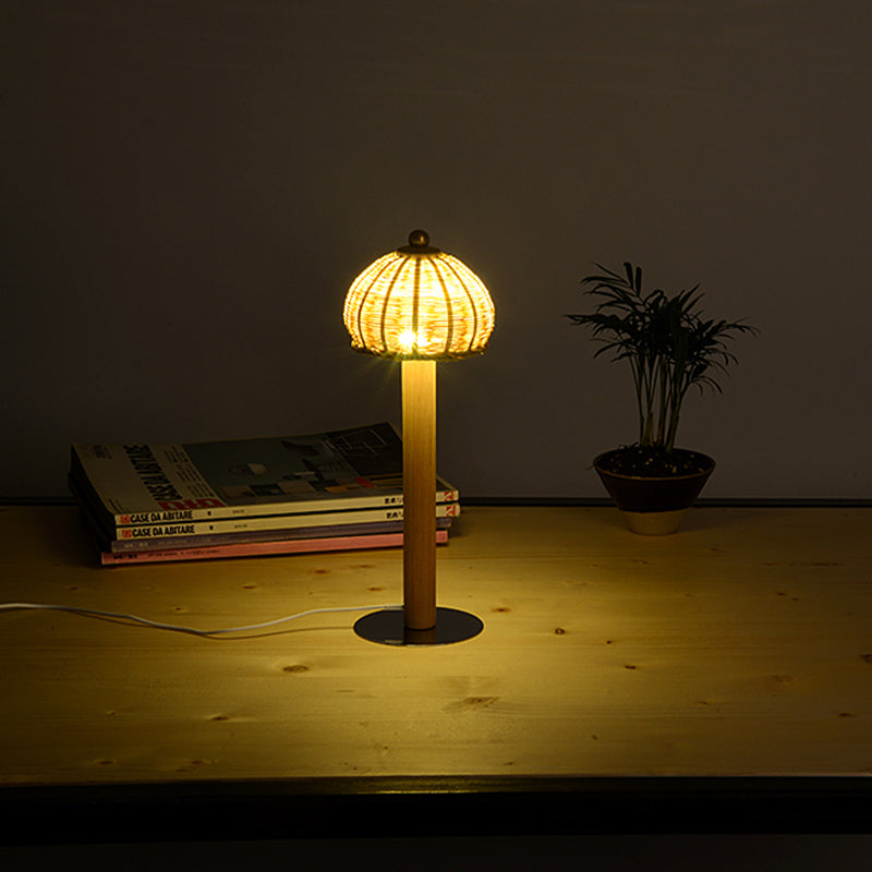 Hand-Worked Japanese Small Desk Lamp With Bamboo Shade - 1 Bulb Task Lighting Wood