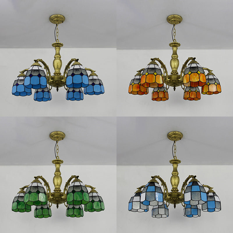 Vintage Stained Glass Dome Chandelier with 6 Colorful Lights