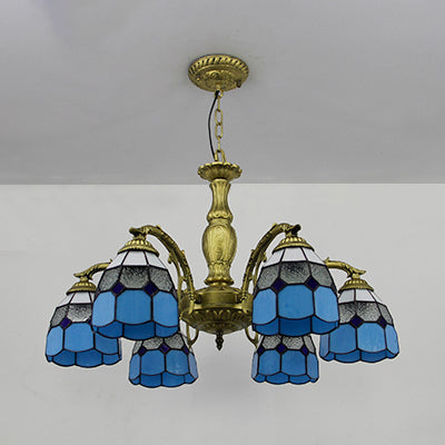 Vintage Stained Glass Dome Ceiling Light Chandelier - 6 Lights In Orange/Blue/Green/Clear Blue