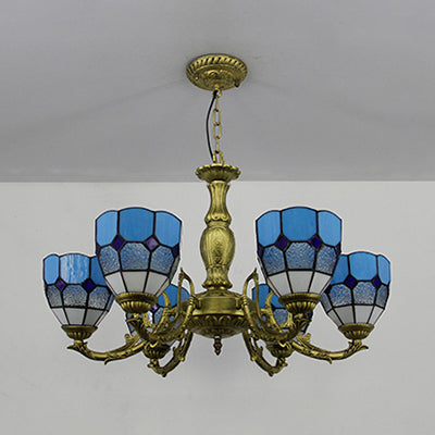 Vintage Stained Glass Dome Ceiling Light Chandelier - 6 Lights In Orange/Blue/Green/Clear