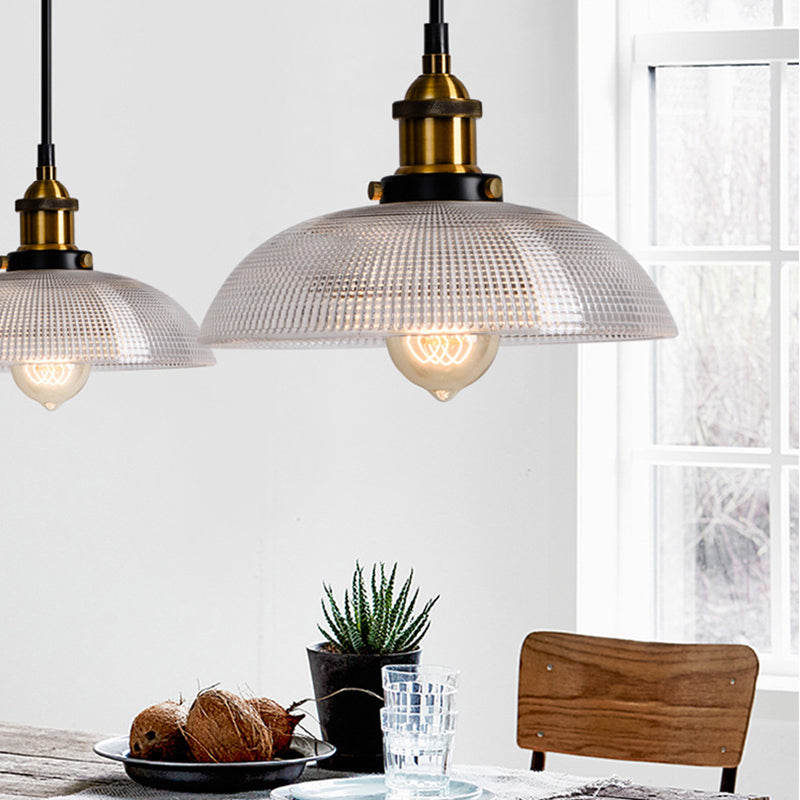 1-Light Grid Glass Ceiling Light With Brass Bowl Shade Perfect For Industrial Kitchen Décor /