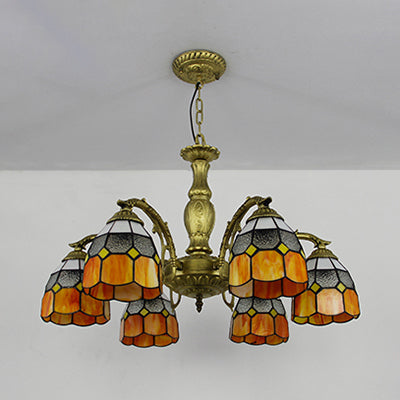 Vintage Stained Glass Dome Ceiling Light Chandelier - 6 Lights In Orange/Blue/Green/Clear Orange