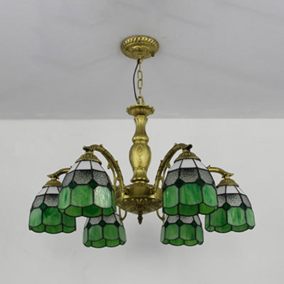 Vintage Stained Glass Dome Ceiling Light Chandelier - 6 Lights In Orange/Blue/Green/Clear Green