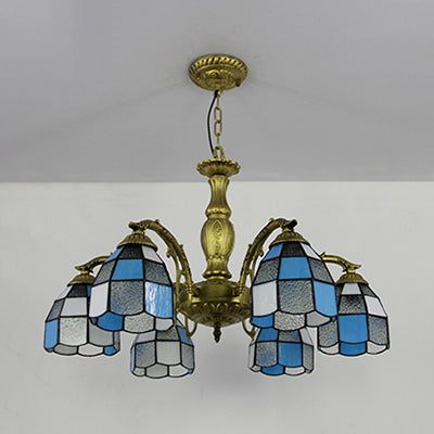 Vintage Stained Glass Dome Ceiling Light Chandelier - 6 Lights In Orange/Blue/Green/Clear Clear