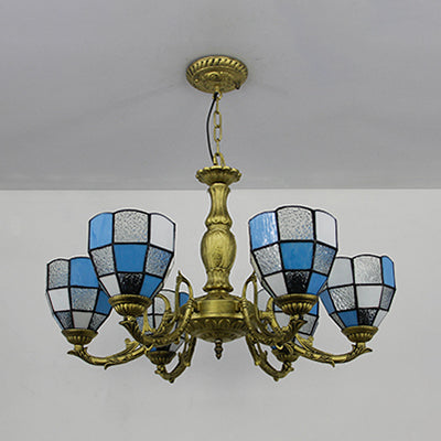 Vintage Stained Glass Dome Ceiling Light Chandelier - 6 Lights In Orange/Blue/Green/Clear
