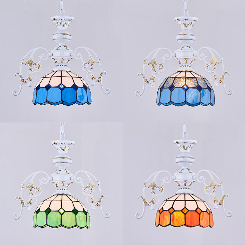Adjustable Chain Semi Globe Tiffany Stained Glass Pendant Ceiling Light in Vibrant Yellow/Orange/Blue/Green