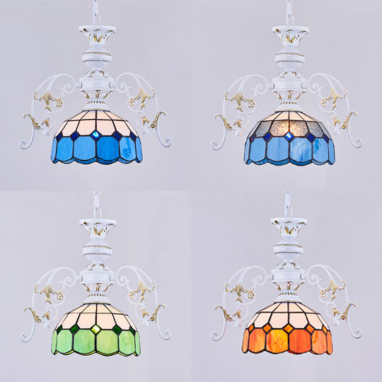 Adjustable Chain Semi Globe Tiffany Stained Glass Pendant Ceiling Light in Vibrant Yellow/Orange/Blue/Green