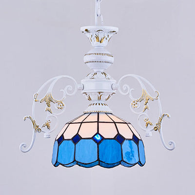 Tiffany Stained Glass Semi Globe Ceiling Light With Adjustable Chain - 1 Pendant In Multicolor Blue