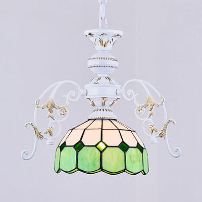 Tiffany Stained Glass Semi Globe Ceiling Light With Adjustable Chain - 1 Pendant In Multicolor Green
