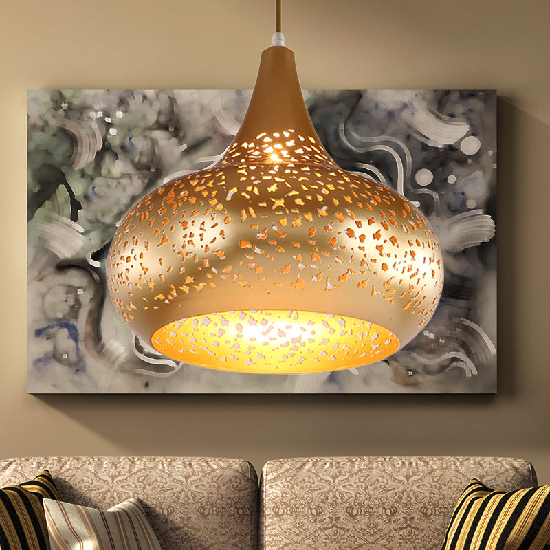 Metal Droplet Hanging Light: 1-Bulb Pendant Fixture In Silver/Bronze/Gold For Bedroom