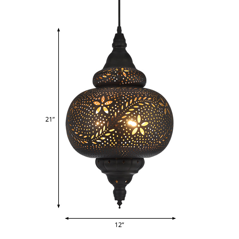 Gourd Hanging Light: Traditional Metal Pendant Fixture In Black 10/12 Wide