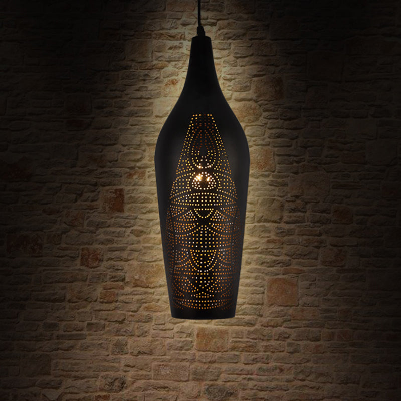 Black Carved Pendant Metal Ceiling Lamp With Decorative Suspension - 1 Bulb Design