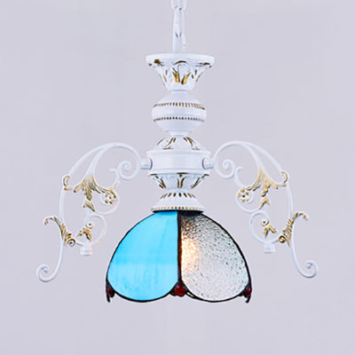 Rustic Stained Glass Scalloped Ceiling Pendant Light - Adjustable 1-Light Hanging Fixture in Clear/Blue for Balcony