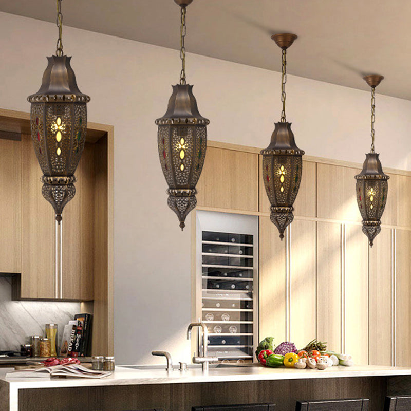 Bronze Carved Pendant Lamp With Decorative Metal Ceiling Suspension And 1 Bulb