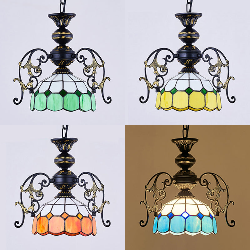 Rustic Domed Pendant Light with Hanging Chain - Yellow/Orange/Green/Blue - 1 Light - Black Finish - for Dining Room