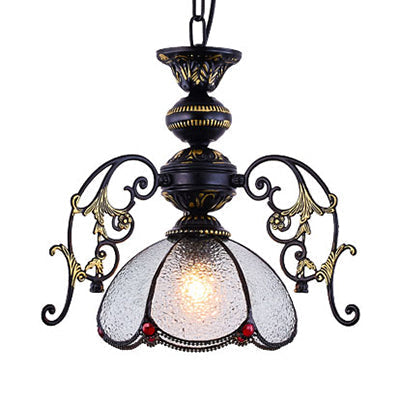Vintage Black Finish Tiffany Petal Pendant Lamp - Stained Glass Hanging Light 1-Light Clear/Blue