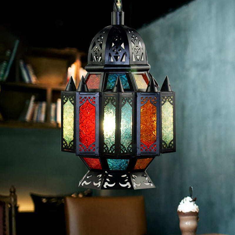 Black Carved Pendant Lamp: Arab Metal Suspended Light Fixture For Dining Room - 1 Bulb