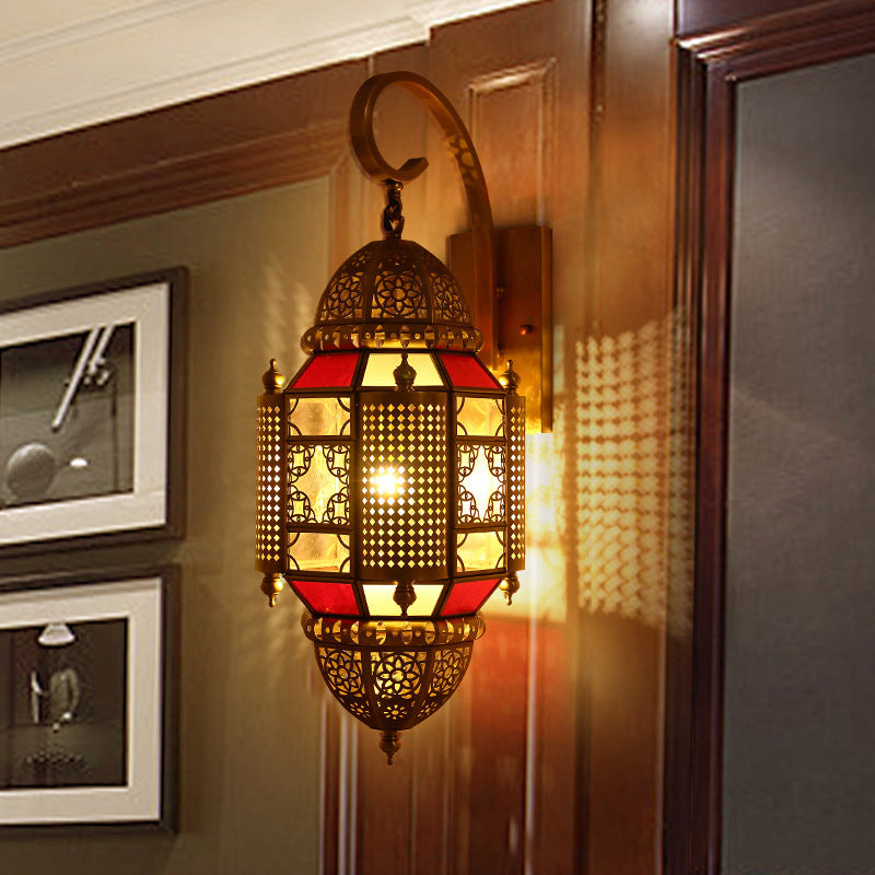 Arabian Metal Lantern Sconce: Brass Wall Lighting Fixture With 1 Bulb