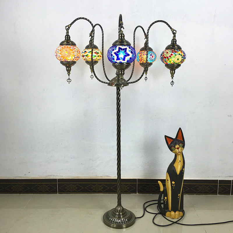Vintage Stained Glass Curved Arm Floor Lamp - Yellow/Blue 5-Head Standing Light For Reading