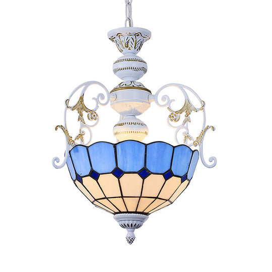 White Finish Tiffany Style Pendant Lamp with Stained Glass, Diamond & Blue/Red Square Accents - 2 Bulb Suspension Light
