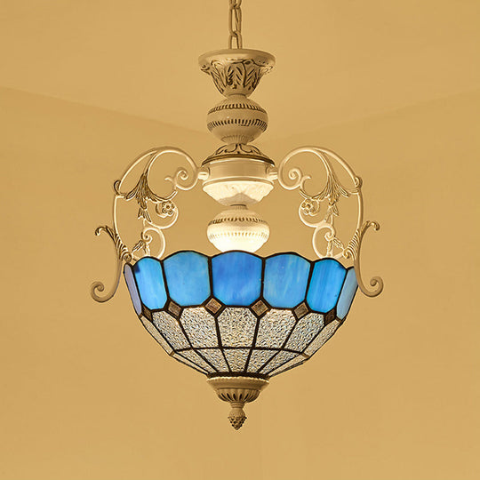 Tiffany-Style Stained Glass Pendant Lamp With White Finish Bowl And Multiple Color Options / Blue