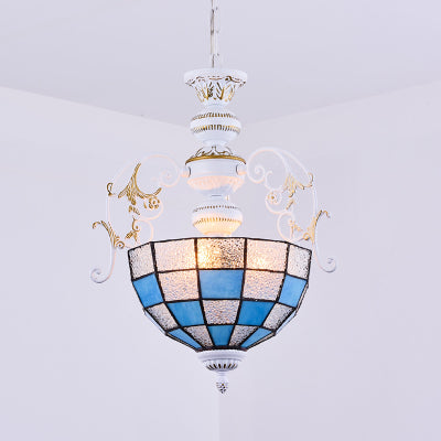 White Finish Tiffany Style Pendant Lamp with Stained Glass, Diamond & Blue/Red Square Accents - 2 Bulb Suspension Light