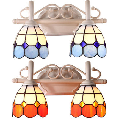 Dome Double Wall Sconce - Curved Arm Stained Glass Traditional Lighting (Blue/Orange)