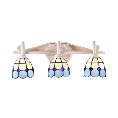 Stained Glass Tiffany Bathroom Vanity Light In Blue/Orange With 3-Light Grid Dome Wall Sconce