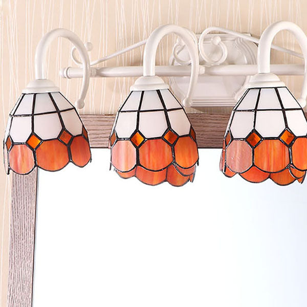 Stained Glass Tiffany Bathroom Vanity Light In Blue/Orange With 3-Light Grid Dome Wall Sconce Orange