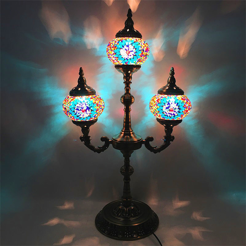 Trident Night Light - 3-Light Traditional Beige/Orange/Blue Multi-Stained Glass For Bedside Blue