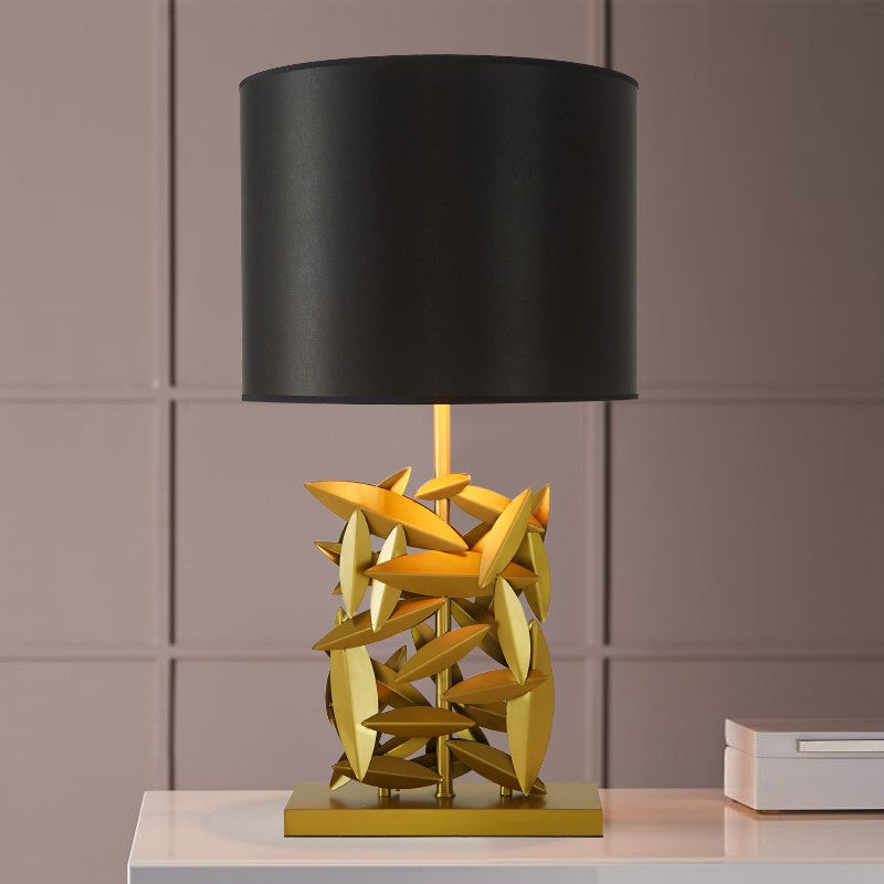 Modern Black Barrel Table Light With Fabric Shade And Gold Metal Base