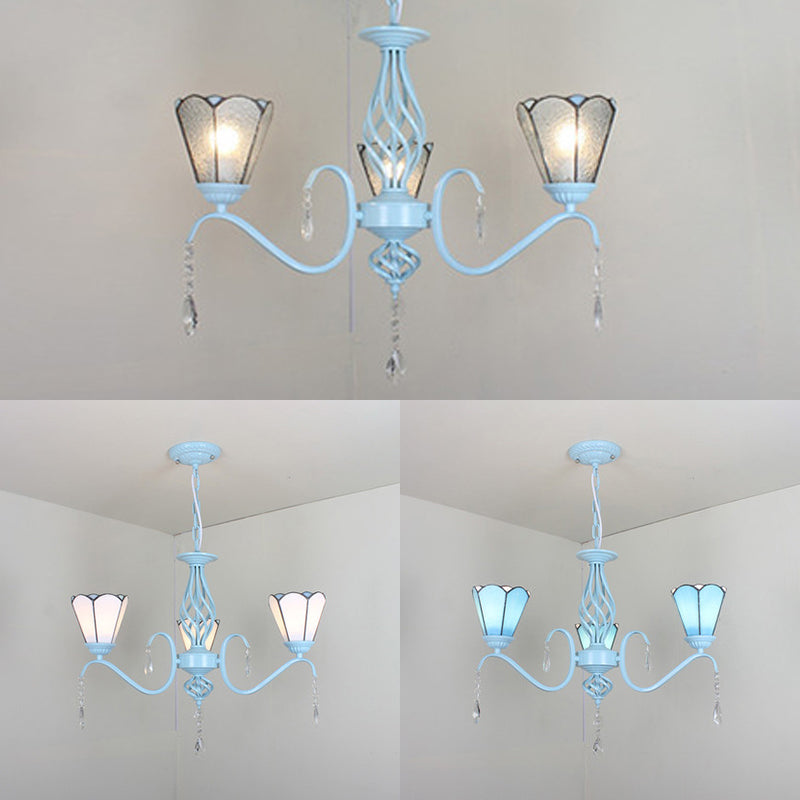 Traditional Stained Glass Foyer Pendant Light - 3-Light Conical Ceiling Chandelier with Crystal Accents, White/Blue/Clear