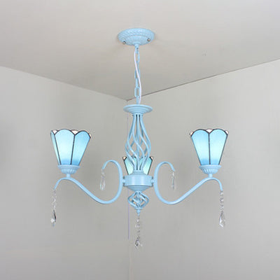Traditional Stained Glass Foyer Pendant Light - 3-Light Conical Ceiling Chandelier with Crystal Accents, White/Blue/Clear