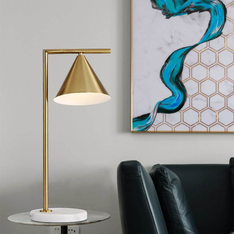Modernist Gold Small Desk Lamp With Cone Metal Shade - 1 Bulb Bedside Task Lighting