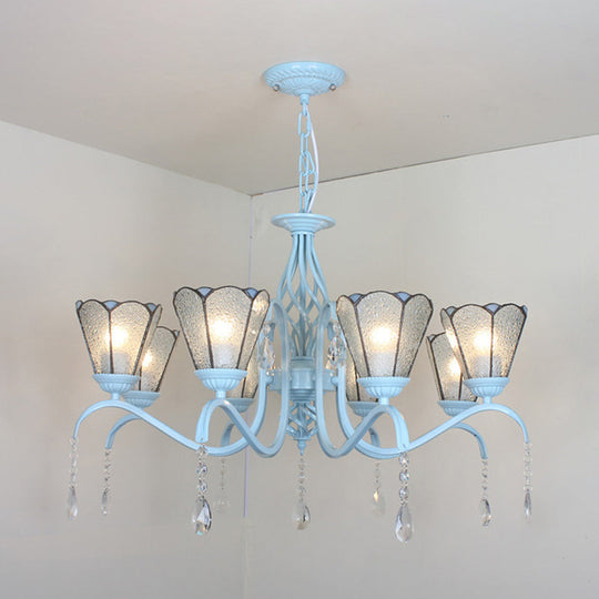 8-Light Stained Glass Chandelier With Clear Crystals - Cone Hanging Light In Clear/White/Blue
