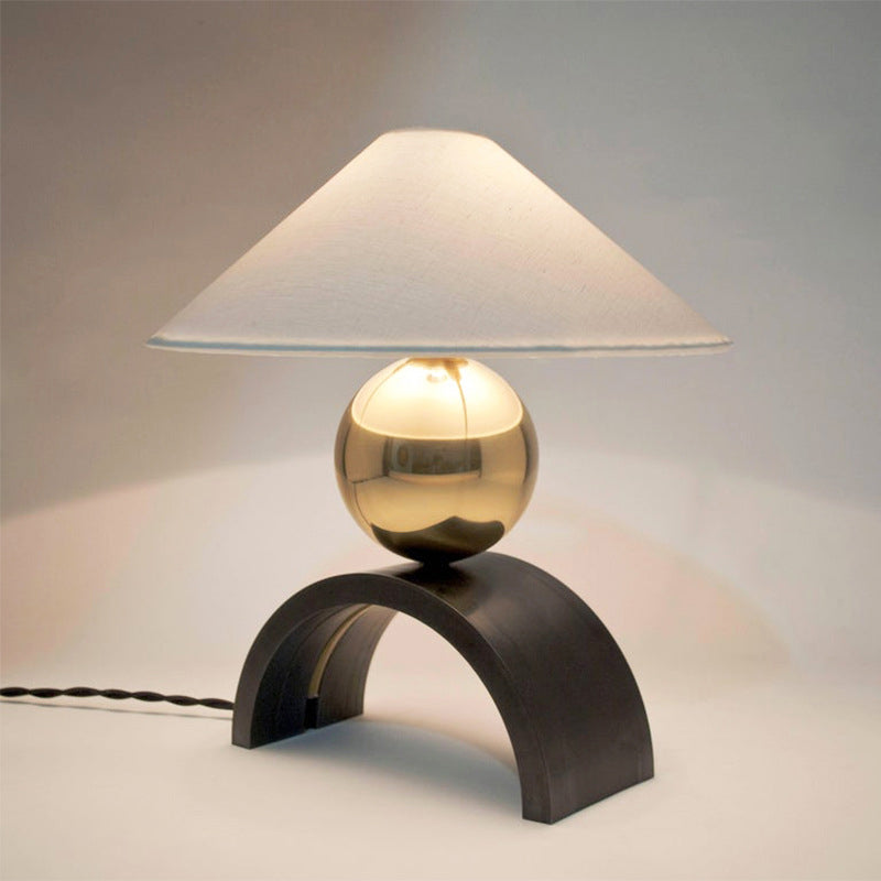 Modernist Metal Desk Lamp In Gold With White Fabric Cone Shade