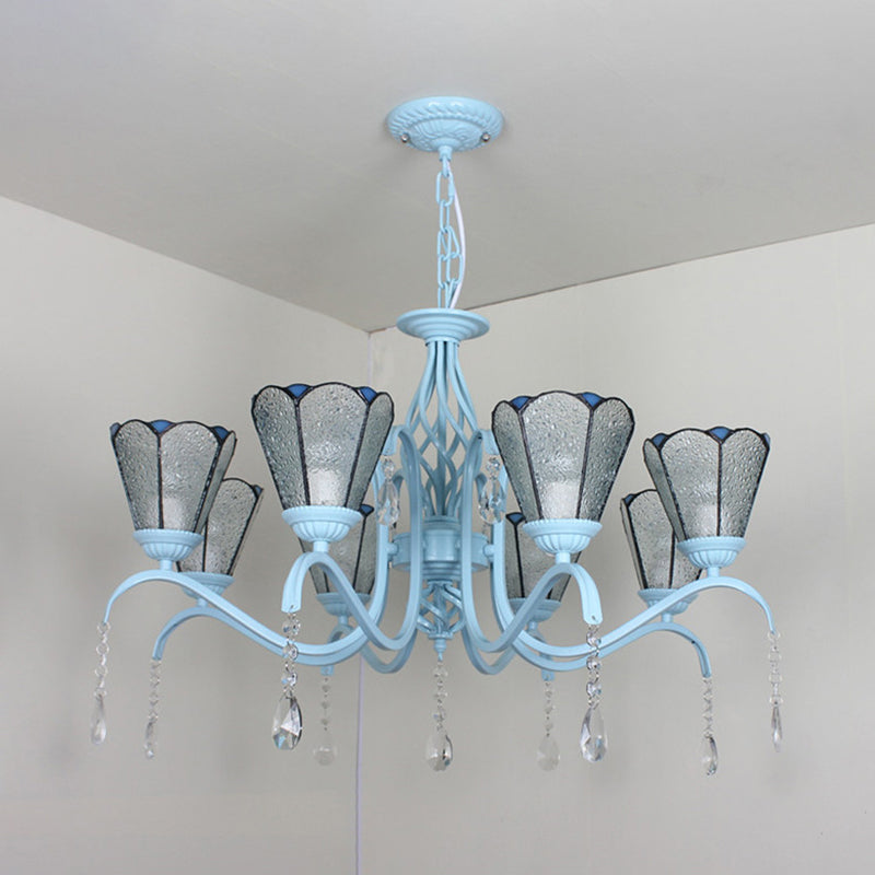 8-Light Stained Glass Chandelier With Clear Crystals - Cone Hanging Light In Clear/White/Blue