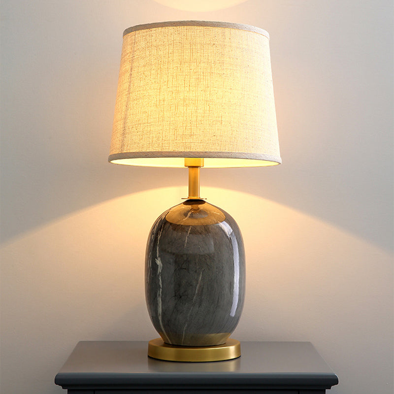 Modern Fabric Drum Desk Lamp With Gold Circle Metal Base White