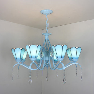 8-Light Stained Glass Chandelier With Clear Crystals - Cone Hanging Light In Clear/White/Blue Blue