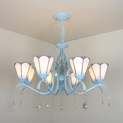 8-Light Stained Glass Chandelier With Clear Crystals - Cone Hanging Light In Clear/White/Blue White
