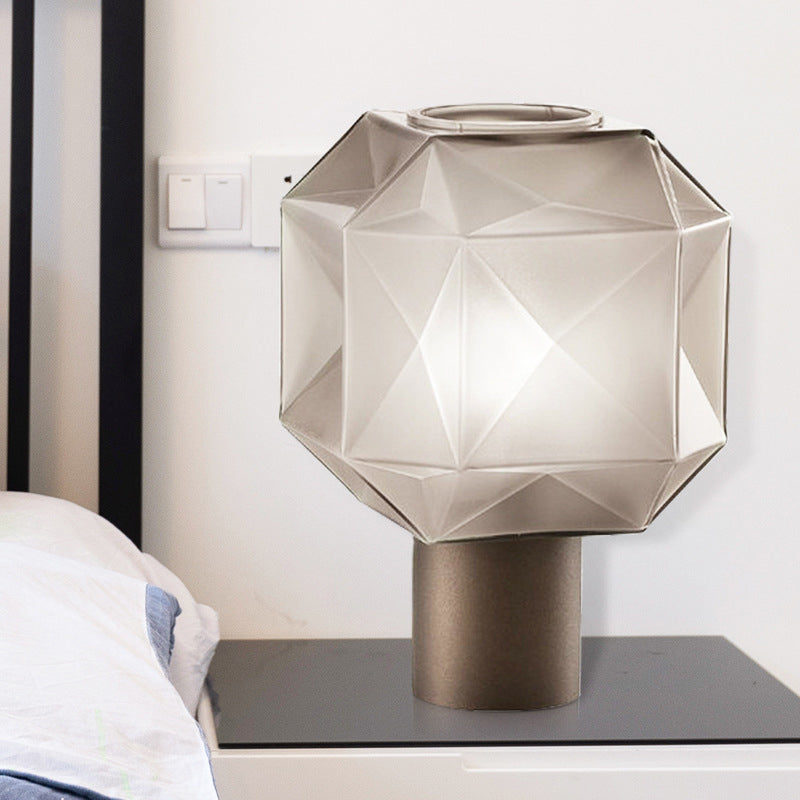 Modern Tan Glass Table Lamp With Geometric Design And Metal Base - Nightstand Light