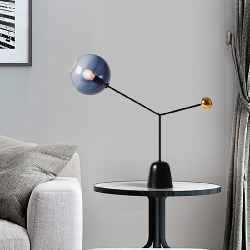 Modern Black Desk Lamp With Globe Blue Glass Shade For Living Room Or Office