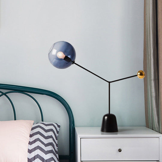 Modern Black Desk Lamp with Globe Blue Glass Shade for Living Room or