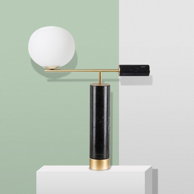 Modernist 1-Bulb Black Nightstand Lamp With Milk Glass Shade & Reading Light