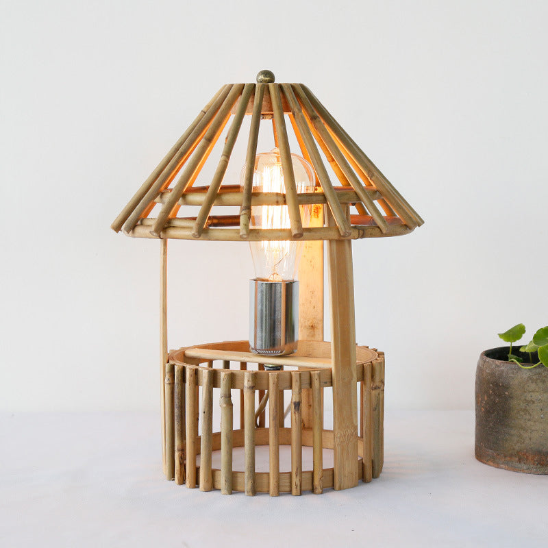 Asian Beige Desk Lamp: Handcrafted Wood Shade Living Room Task Lighting