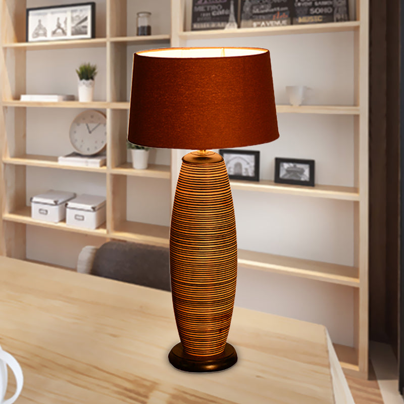 Asia Wood Small Desk Lamp With Oval Task Lighting Coffee Color And Fabric Drum Shade