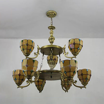 Vintage 2-Tier Beaded Chandelier Pendant with Clear/Yellow Glass Lighting