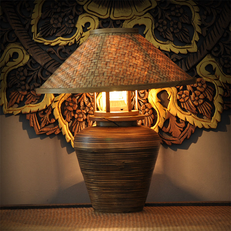 Wooden Asian Urn Desk Lamp With Bamboo Shade In Brown