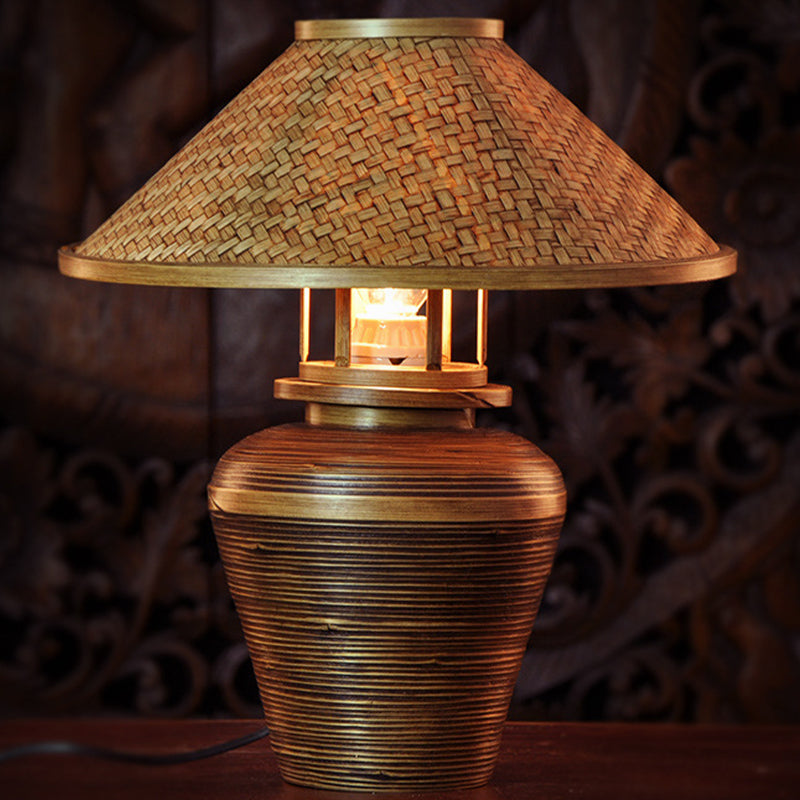 Wooden Asian Urn Desk Lamp With Bamboo Shade In Brown