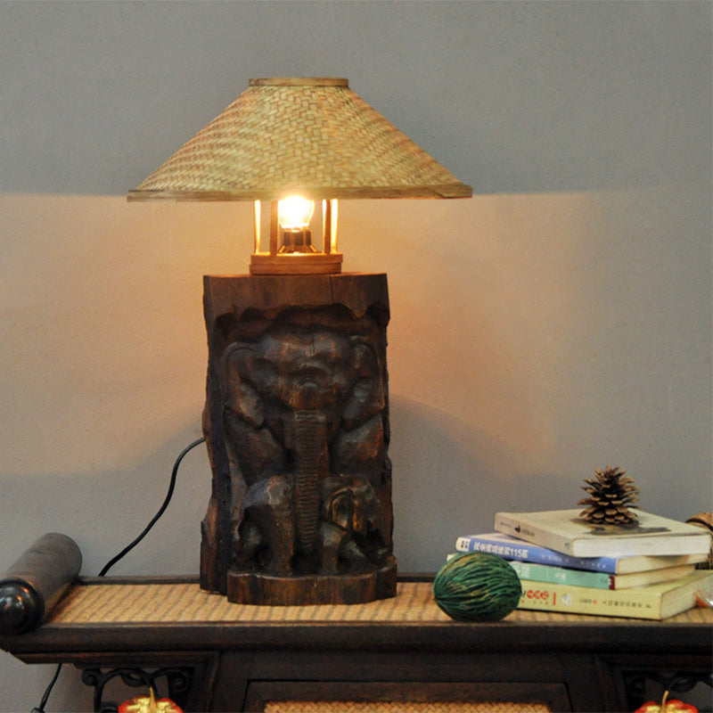 Flare Task Light: Bamboo Wide Asia 1-Head Beige Small Desk Lamp With Wood Elephant Accent